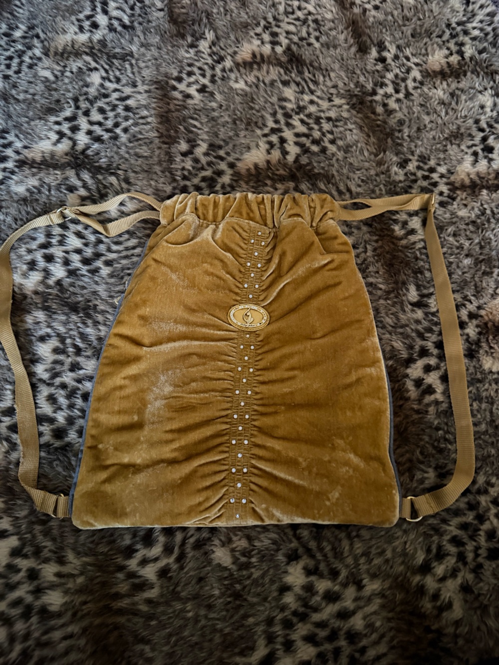 Baby Phat Velvet Drawstring Backpack in Mustard with Gold Hardware